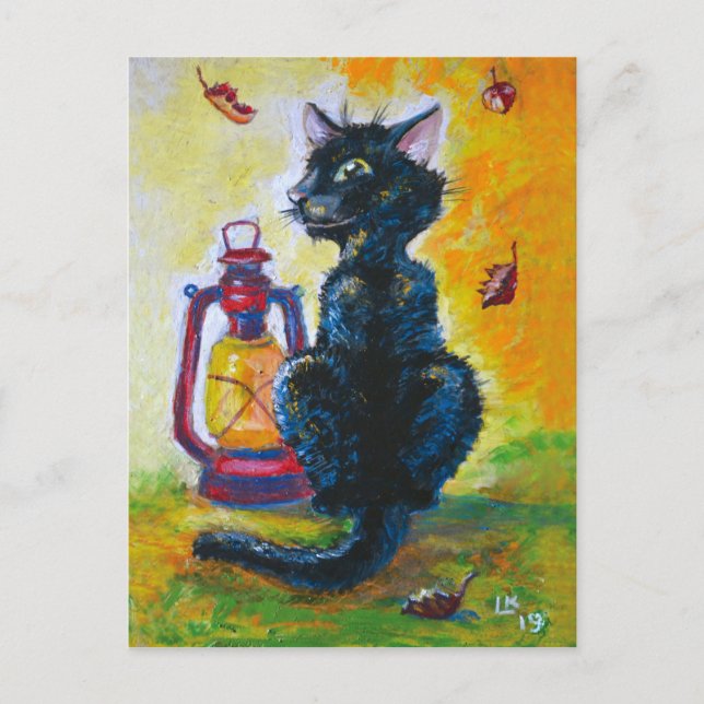 Black cat and red lantern lamp postcard (Front)