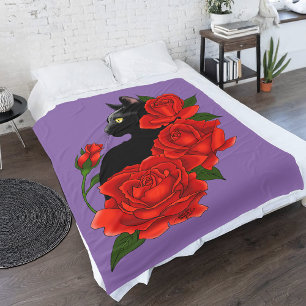 Black Cat and Roses Fleece Blanket