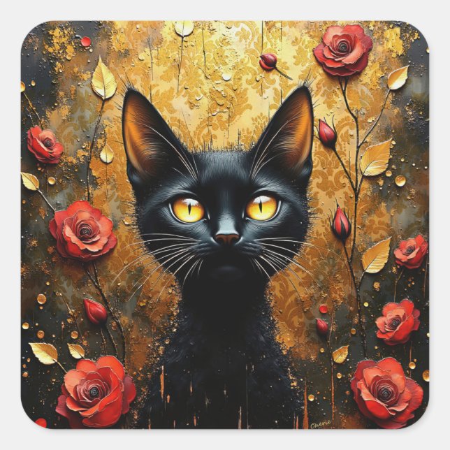 Black Cat and Roses Square Sticker (Front)