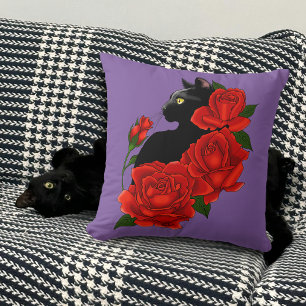 Black Cat and Roses Throw Pillow