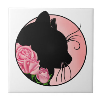 Black cat and roses tile