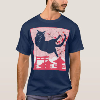Black cat and sakura Anime T-Shirt