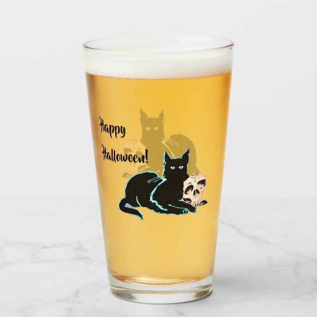 Black Cat and Skull Halloween Glass (Front Filled)