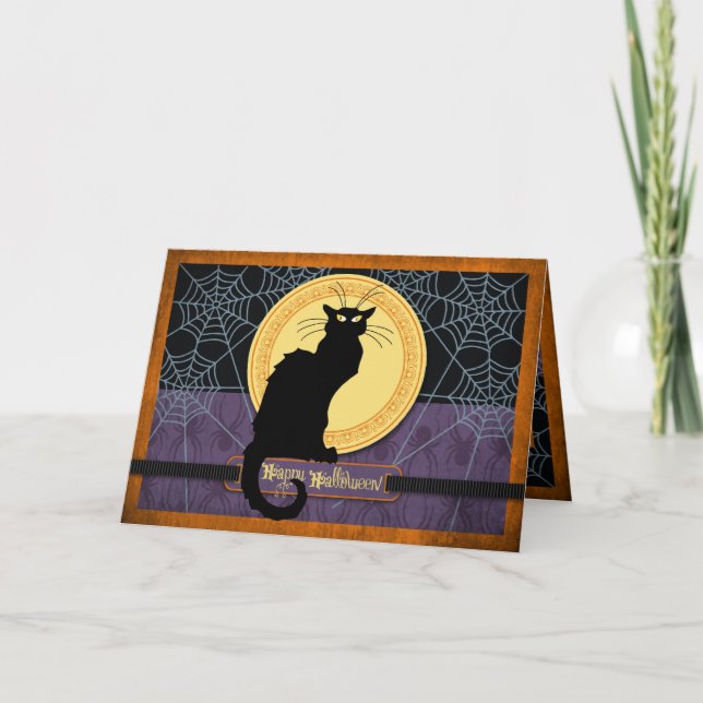 Black Cat and Spider Webs on Halloween Night Card (Front)
