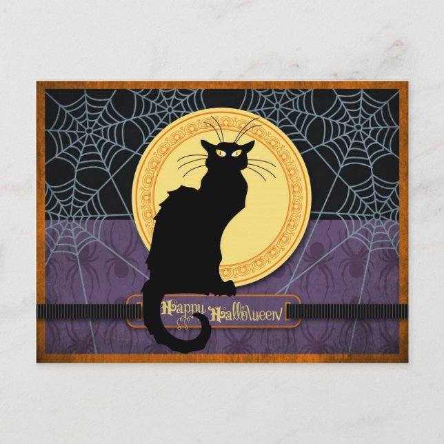 Black Cat and Spider Webs on Halloween Night Holiday Postcard (Front)