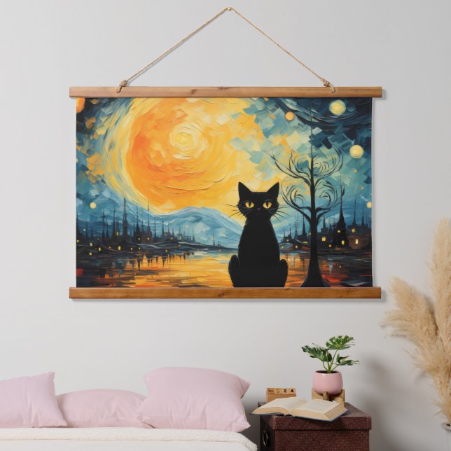 Black Cat and Starry NighWood Topped Wall Tapestry (Bedroom)