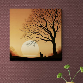 Black Cat and Tree Silhouette in the Sun Set Canv Canvas Print