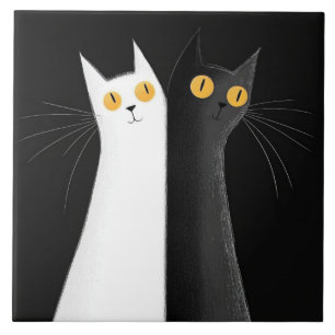 Black Cat and White Cat on Black Tile