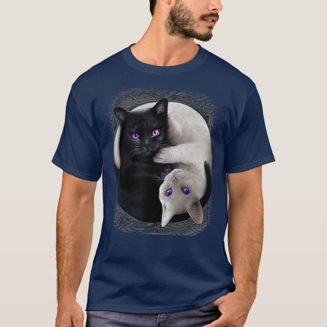 Black Cat and White Cat Yin and Yang Halloween T-Shirt (Front)