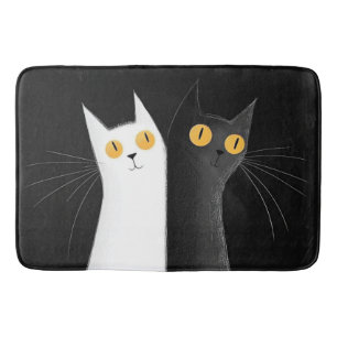 Black Cat and White Cats on Black Bath Mat