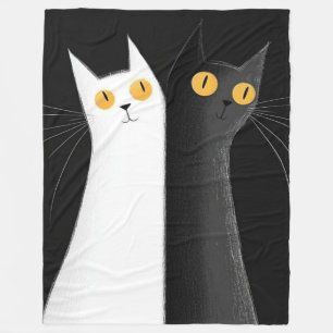 Black Cat and White Cats on Black Fleece Blanket