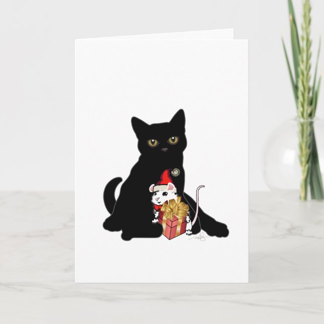 Black Cat and White Mouse Christmas Holiday Card (Front)