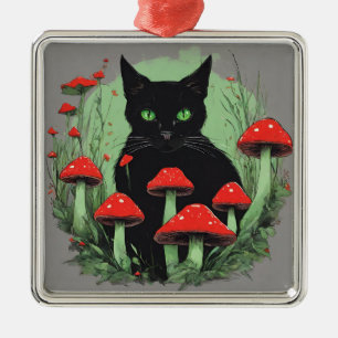 Black Cat and Wild Red Forest Mushrooms  Metal Ornament