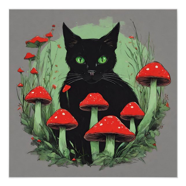 Black Cat and Wild Red Forest Mushrooms  Poster (Front)