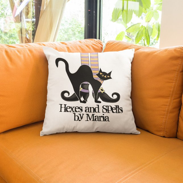 Black Cat and Witch Halloween Personalized  Throw Pillow (Witch black cat custom pillow.)