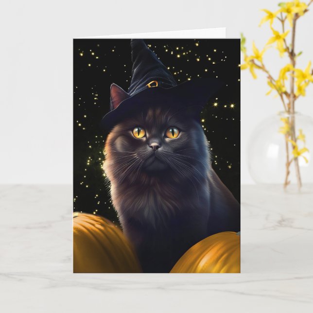 Black Cat and Witch Hat Pumpkins Happy Halloween Card (Yellow Flower)