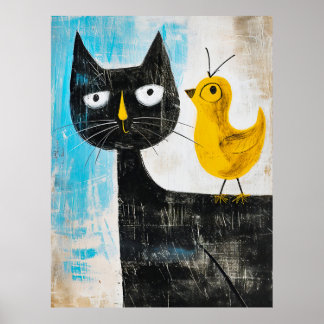 Black Cat and Yellow Bird – Whimsical Modern Art Poster