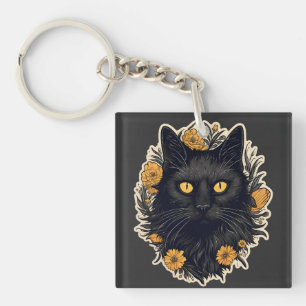 Black cat and yellow flowers keychain