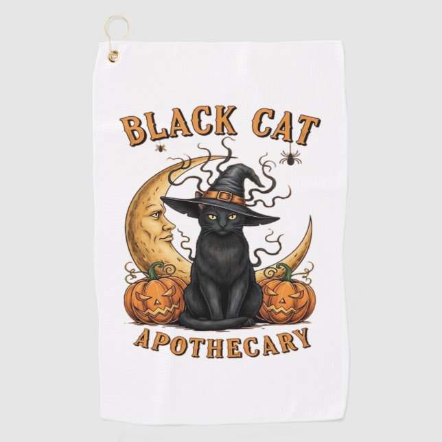 Black Cat Apothecary – Halloween Witchy Moon & Pum Golf Towel (Front)