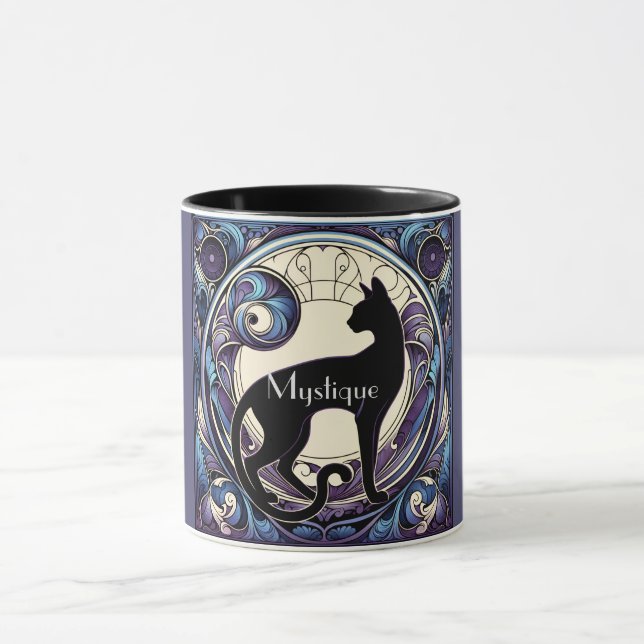 Black Cat Art Nouveau Purple and Blue Mug (Center)