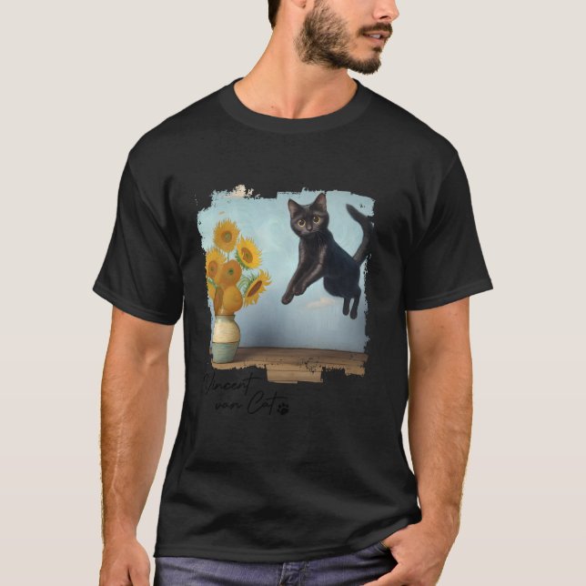 Black Cat Art Sunflowers Vincent van Cat Funny Cat T-Shirt (Front)