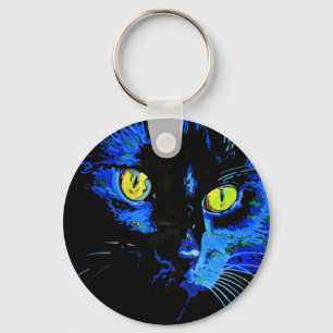 Black Cat Artistic Portrait With Striking Yellow E Keychain