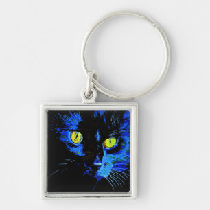Black Cat Artistic Portrait With Striking Yellow E Keychain