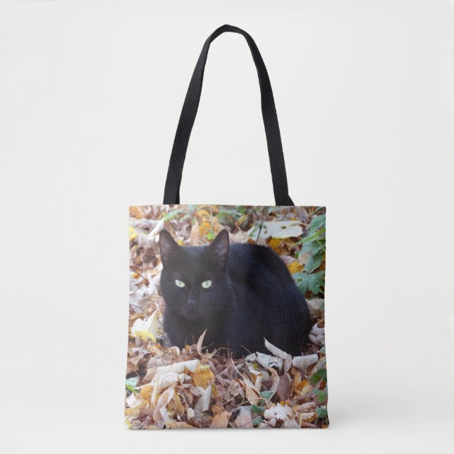 Black cat Autumn leaves All-Over-Print Tote Bag (Front)