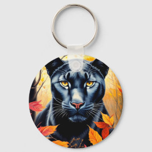 Black Cat Autumn Leaves Painting Keychain