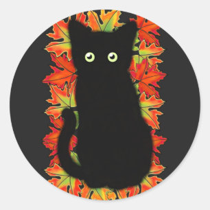 Black cat, Autumn leaves pattern, Halloween fun    Classic Round Sticker