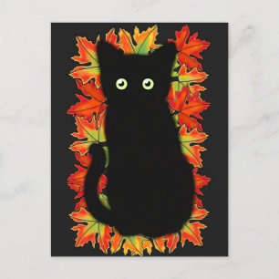Black cat, Autumn leaves pattern, Halloween fun   Postcard