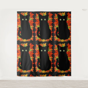Black cat, Autumn leaves pattern, Halloween fun Tapestry