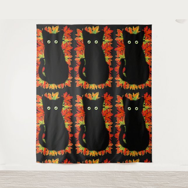 Black cat, Autumn leaves pattern, Halloween fun    Tapestry (Front)