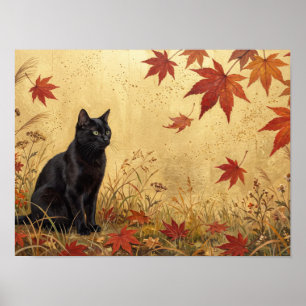 Black Cat Autumn Maple Leaves Art Poster