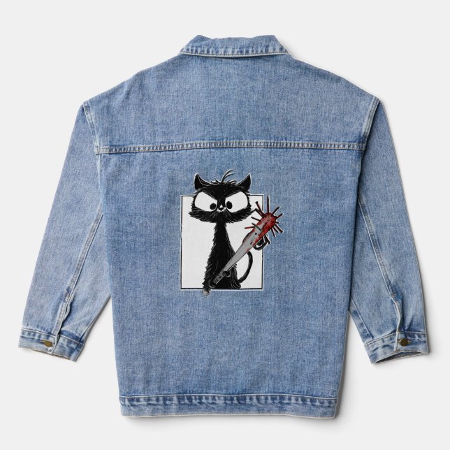 Black Cat Baseball Horror Halloween Denim Jacket (Back)