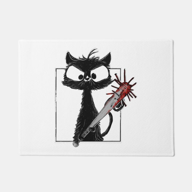 Black Cat Baseball Horror Halloween Doormat (Front)