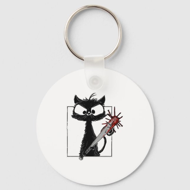 Black Cat Baseball Horror Halloween Keychain (Front)