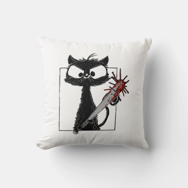 Black Cat Baseball Horror Halloween Throw Pillow (Front)