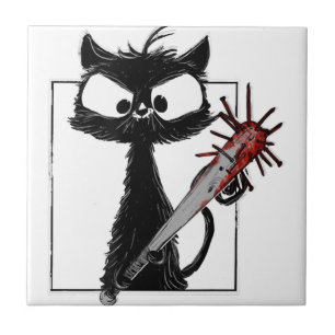 Black Cat Baseball Horror Halloween Tile