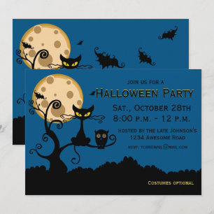 Black Cat, Bat, and Owl Halloween Invitation