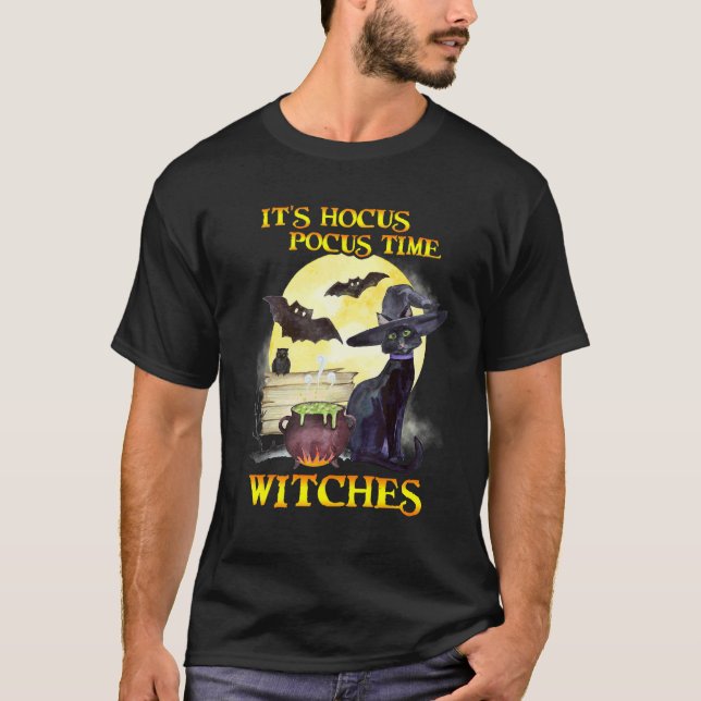 Black Cat Bat Witch Hocus Pocus It's Time Witches  T-Shirt (Front)