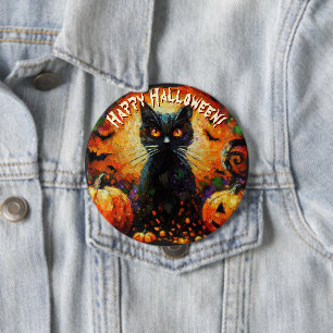 Black Cat Bats Pumpkins Whimsical Personalized 4 Inch Round Button