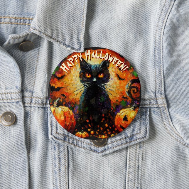 Black Cat Bats Pumpkins Whimsical Personalized 4 Inch Round Button (In Situ)