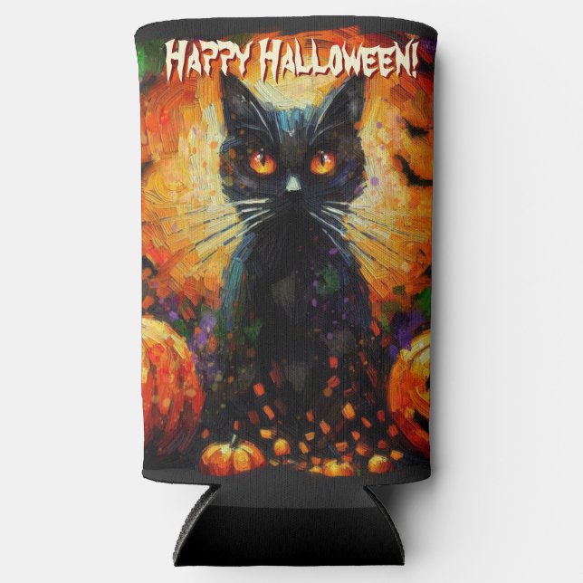 Black Cat Bats Pumpkins Whimsical Personalized Seltzer Can Cooler (Front)