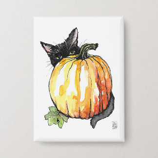 Black Cat Behind Pumpkin Button