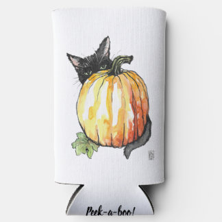 Black Cat Behind Pumpkin Slim Seltzer Can Koozie