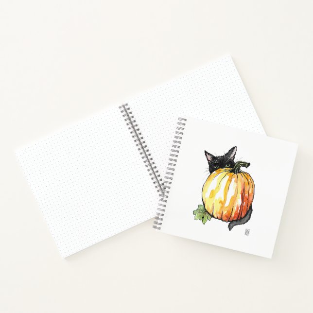 Black Cat Behind Pumpkin Spiral Notebook (Inside)