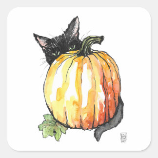 Black Cat Behind Pumpkin Square Sticker Sheet