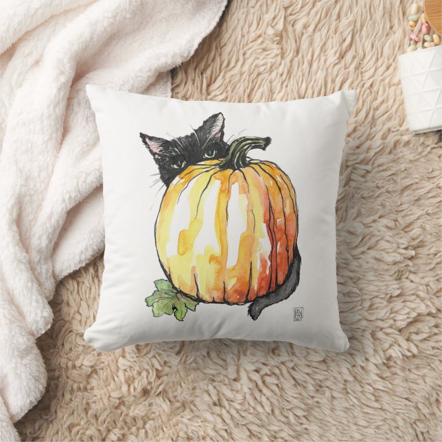 Black Cat Behind Pumpkin Throw Pillow (Blanket)