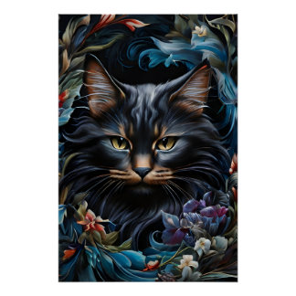 Black cat behind swirl of flowers and leaves poster